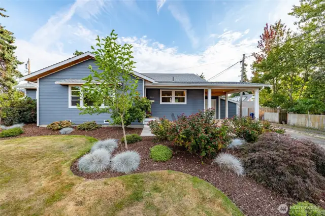 Fully landscaped lot, with low-maintenance trees and shrubs.