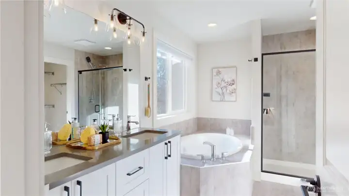 Primary Suite bath - relax in the tub or enjoy a rain shower.  Separate room for the commode offers privacy.