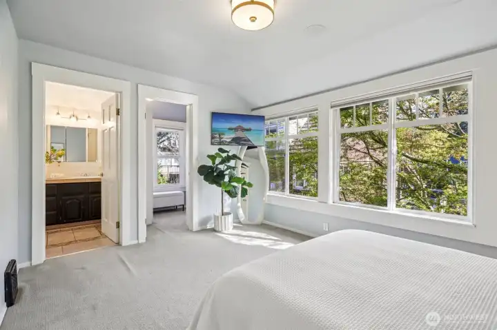 bright, south facing primary bedroom with walk-in closet and attached three-quarter bathroom