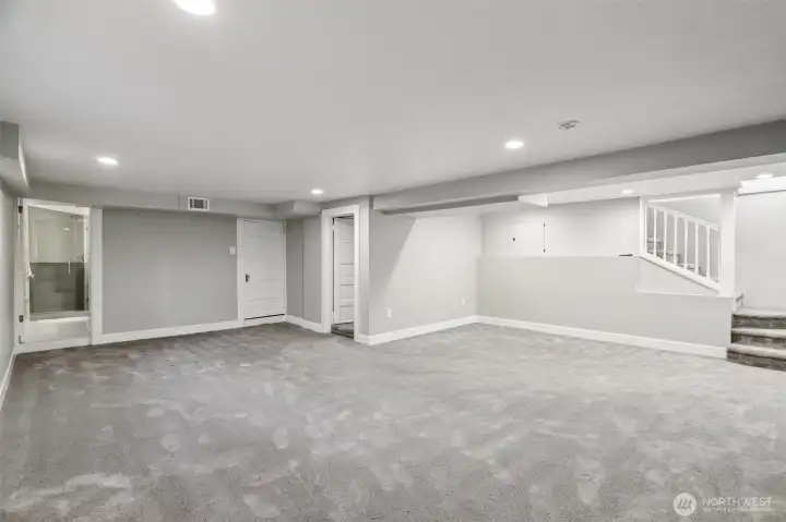 spacious recreation area in basement - garage, three-quarter bathroom, guest room, and laundry all accessed from this room