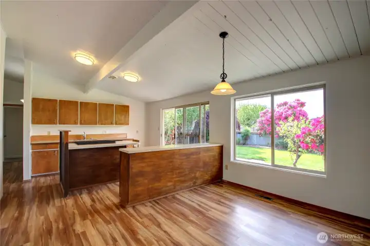 Plenty of space for a dining table and a built-in buffet between the kitchen and the dining area.