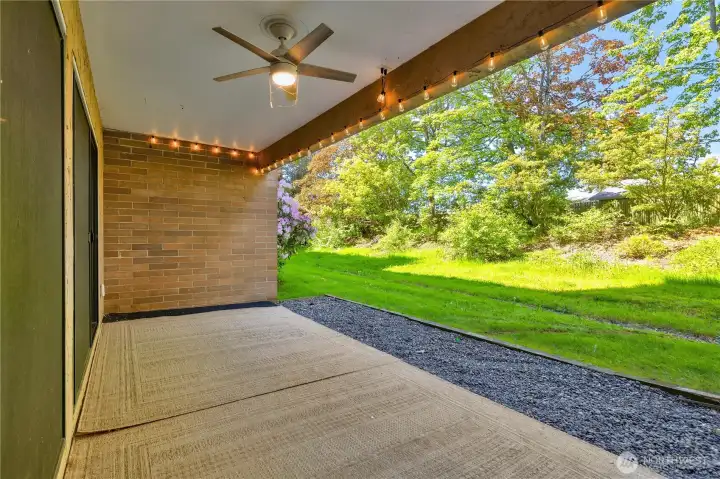 Note that the patio has a fan and lighting for day or night use. Note that the patio has a fan and lighting for day or night use.