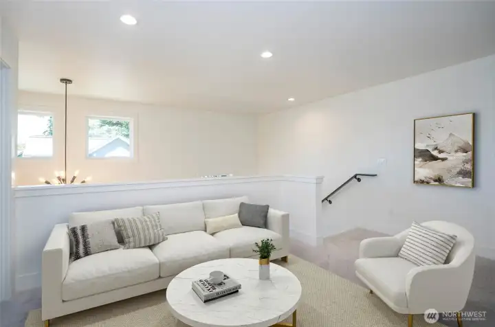 Open space top of stairs virtually staged. Open space top of stairs virtually staged.