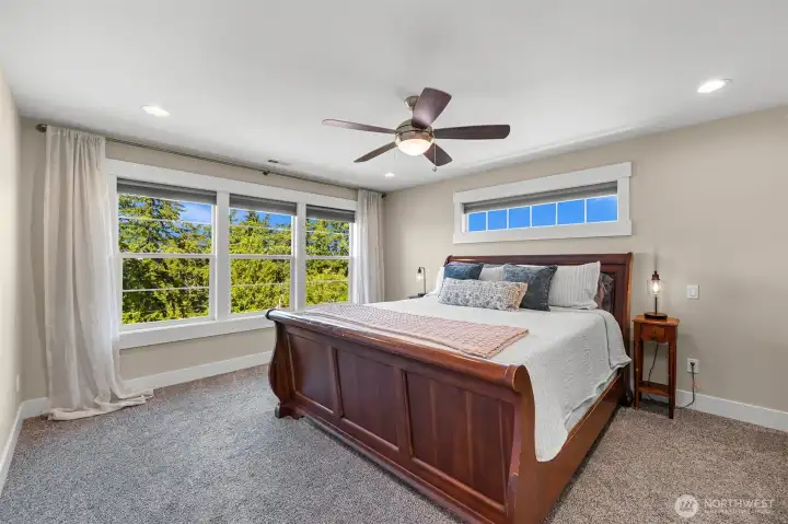 Very spacious primary bedroom, with west-facing windows to enjoy the evening sunsets even from bed