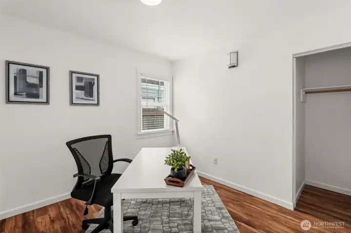 Ultimate work-from-home flexibility. This bright second bedroom transitions effortlessly into a quiet, dedicated home office with plenty of natural light. Ultimate work-from-home flexibility. This bright second bedroom transitions effortlessly into a quiet, dedicated home office with plenty of natural light.