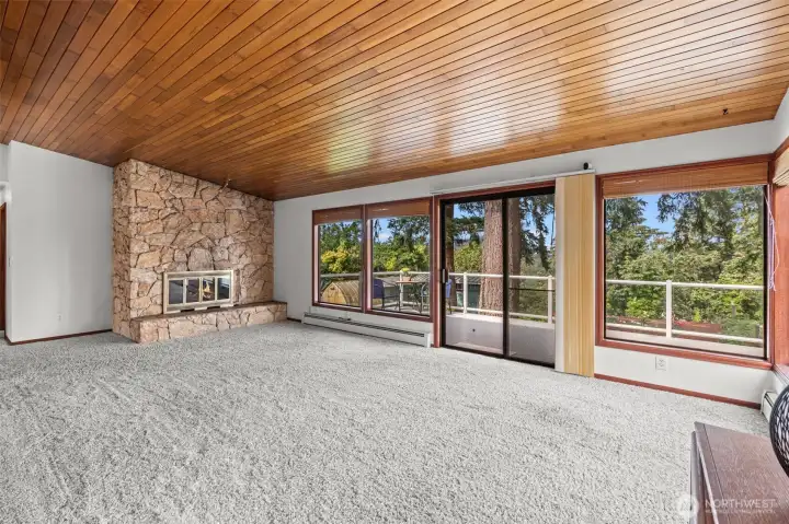 Loads of windows and sliding door that leads to deck and back yard