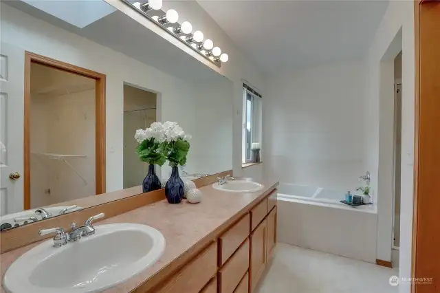 Step into this luxury 5 piece bathroom that features a double vanity, massive soaking tub, shower, massive walk in closest and a toilet.