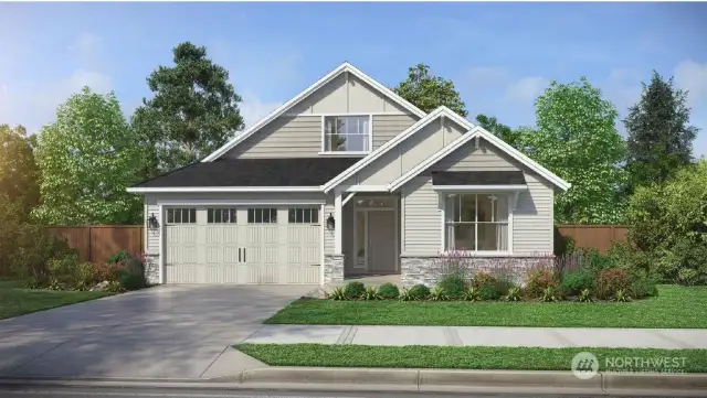 Home rendering showing exterior. Home to be built will have 3rd garage bay added.