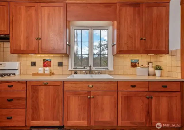 Pecan wood cabinets.