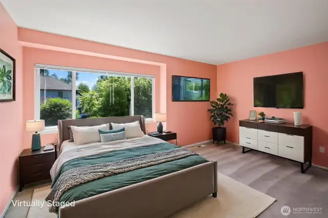 Virtually staged primary bedroom.
