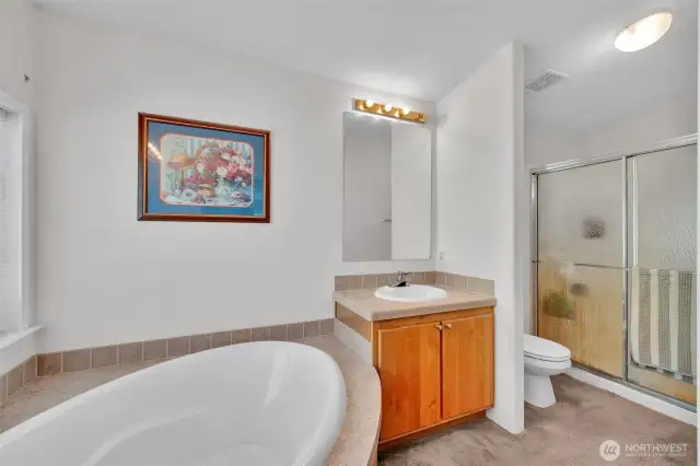 Primary bathroom with garden tub and separate shower.
