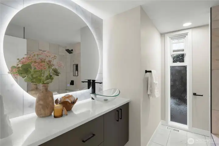 Main, Full bathroom with custom bathroom and floating Vanity