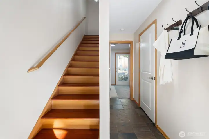 Main entrance with access to garage and dowstairs bedroom