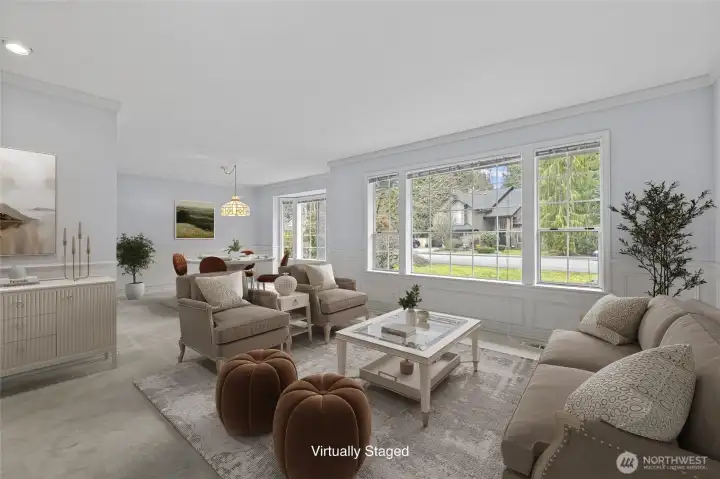 Virtually Staged.  Huge front Living and Dining area can be anything you want. Library, offices, Yoga space.