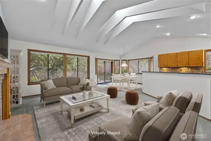 Virtually staged Great Room in neutral palette.