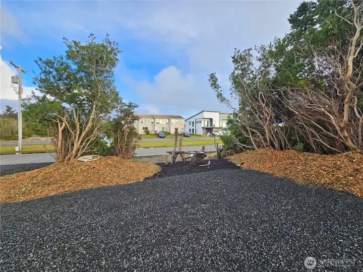 Looking out towards the street, some of the natural vegetation has been left for privacy.