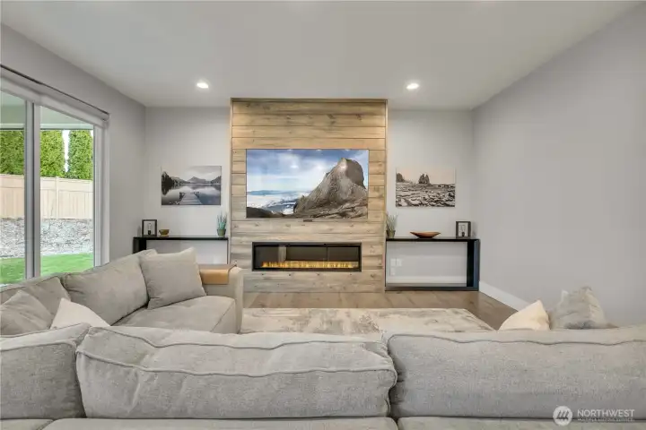 Beautiful new fireplace, the focal point of the large family room.