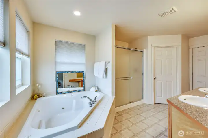 Primary 5-piece bathroom with soaker tub