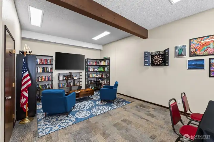 Cozy lending library nook.