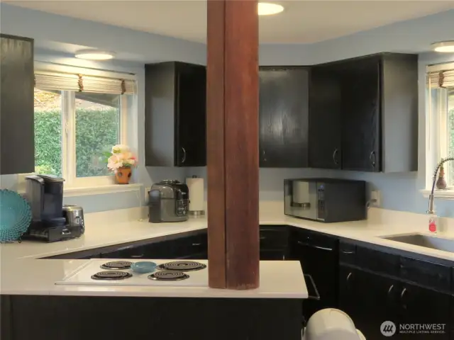 VIEW OF THE KITCHEN FROM THE LIVING ATREA SHOWING THE QUARTZ COUNTERS!