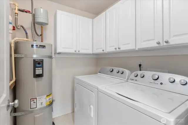 Laundry room features extra overhead cabinets.  Also, washer/dryer & hot water heater is brand new!!