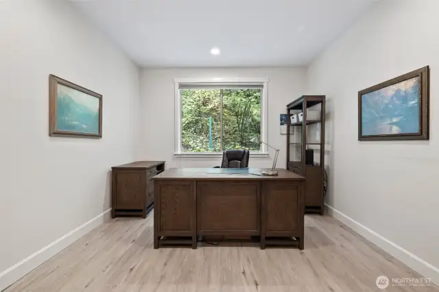 Just off the kitchen is this large office with French doors and a closet.
