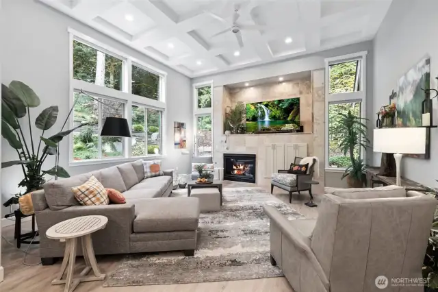 Stepping into the great room will stun you!  High coffered ceilings, dramatic windows, ample space, gas fireplace.  Wow!