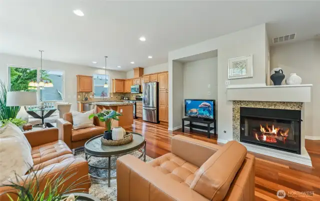 The 2 sided gas fireplace easily heats the great room.