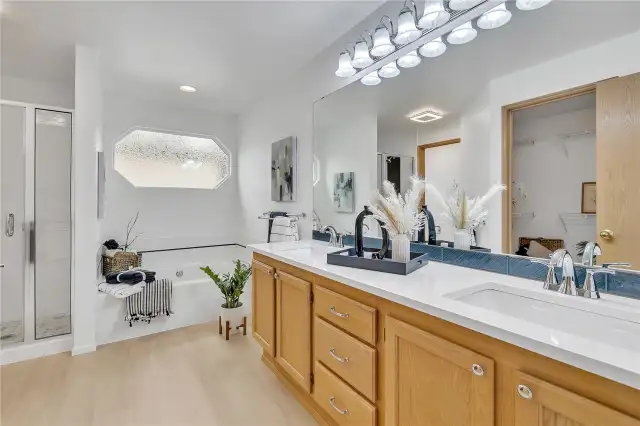 The beautifully remodeled primary 5-piece bath exudes sophistication, showcasing sleek quartz countertops, elegant finishes, a luxurious soaking tub, and a separate, beautifully tiled shower for a spa-like retreat LVP flooring.