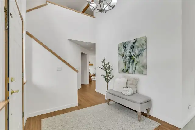 The impressive two-story entrance makes a striking first impression, welcoming you with timeless style and architectural distinction. The stylish LVP flooring enhances the entry, hallway, kitchen, and family room with a warm, modern aesthetic. Designed for durability and easy upkeep.