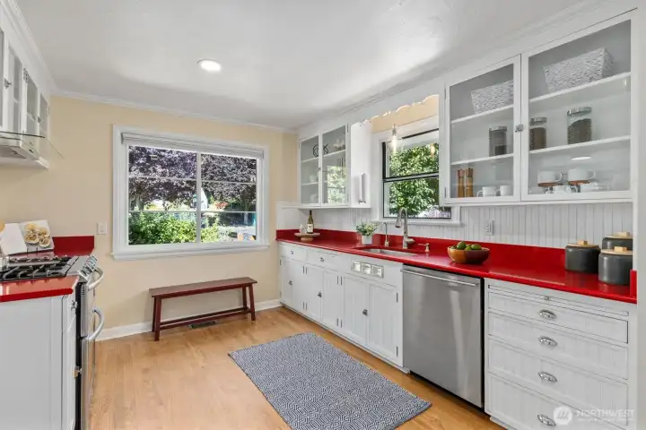 Vintage charm with original cabinets combined with quartz countertops
