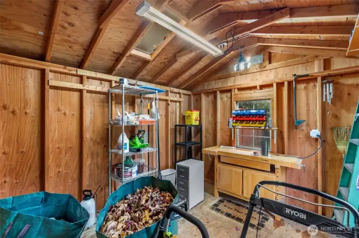 This 10'x10' shed features electricity for lighting & outlets & great space for storing equiptment.