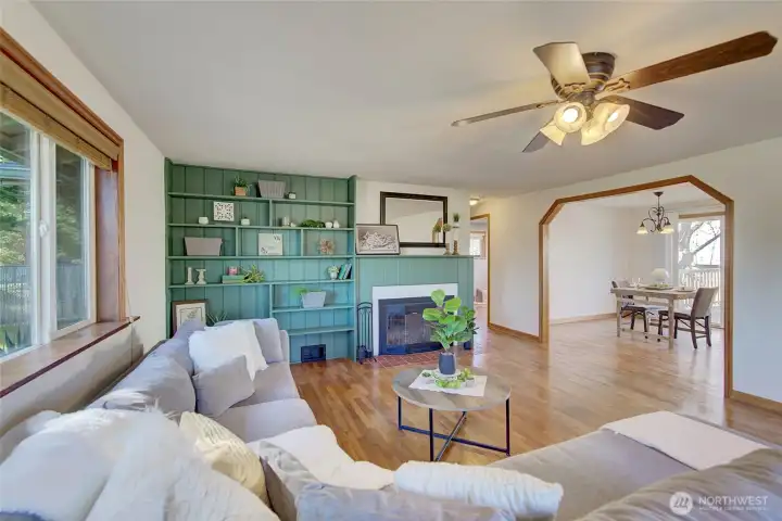 Built-ins and a fireplace adorn the space