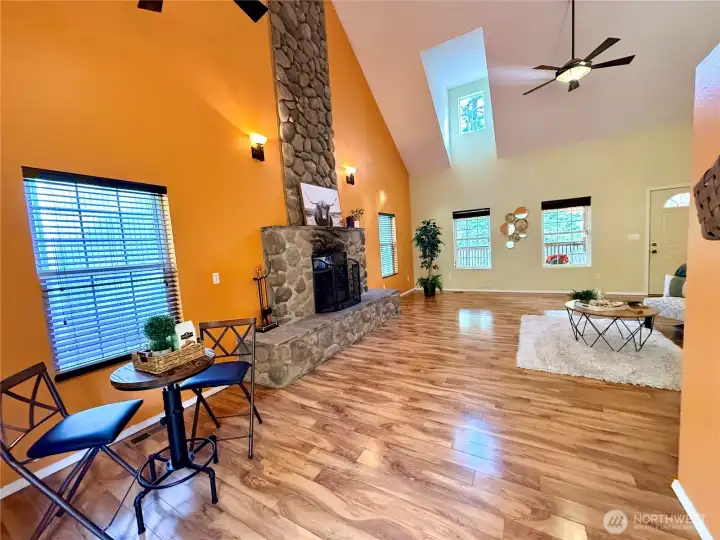 From front entrance of the home, a view of the great room.