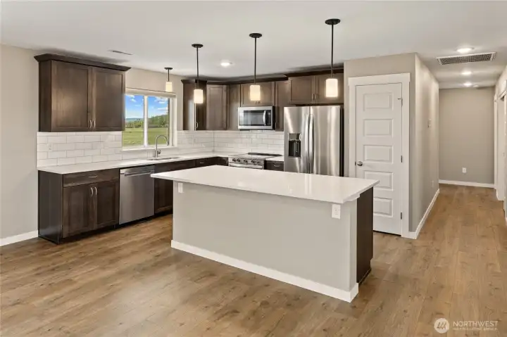 Modern kitchen with soft close cabinets/drawers and quartz countertops