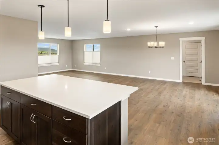 Open,  bright kitchen, dining and living space