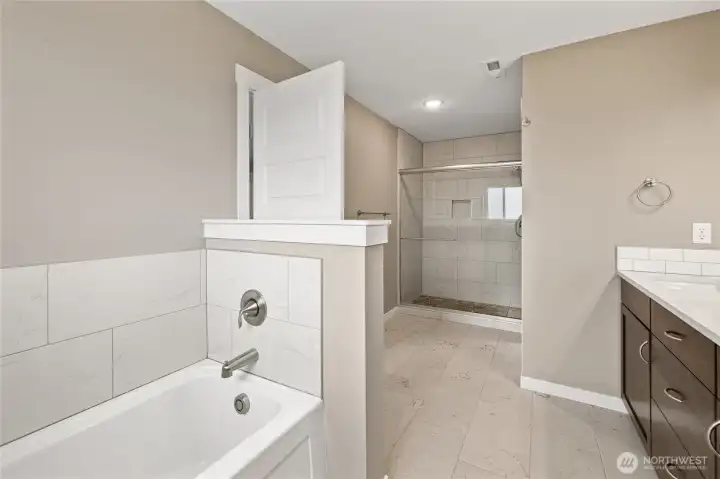 Primary Bathroom 3/4 tile and stone in shower. Separate tub and storage closet