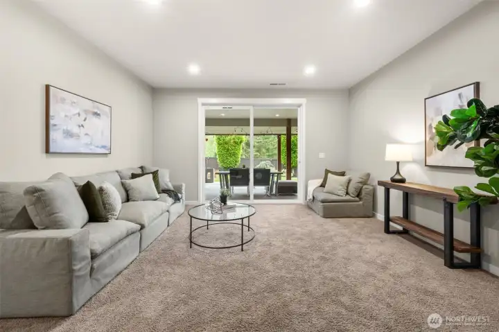 The lower level family room offers a true second living space with recessed lighting, plush carpet, and a slider opening directly to the covered patio — giving the whole level its own indoor-outdoor connection to the backyard