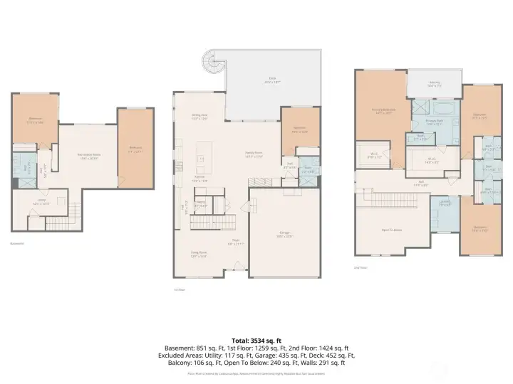 Three thoughtfully designed levels totaling 3,912 square feet of living space. The main level features a formal living room, open kitchen and dining, family room, pantry, main level bedroom, and access to the 25x18 deck. The upper level is anchored by a sprawling 14x26 primary suite with dual walk-in closets, private balcony, and en-suite bath — joined by three additional bedrooms, a Jack and Jill bath, and an upper level laundry room. The lower level rounds out the home with a generous recreation room, two additional bedrooms, a utility area, and a full bath — offering flexibility for guests, multigenerational living, or dedicated lifestyle spaces