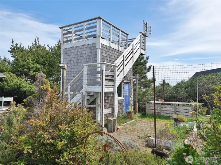 Fenced Garden Area w/ Shed and Viewing Tower.