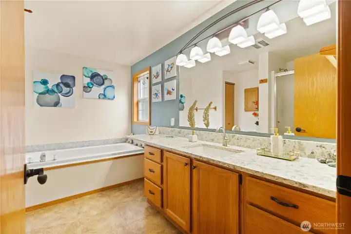 Primary bedroom with ensuite bath featuring a shower, tub, and a large countertop with a makeup station.