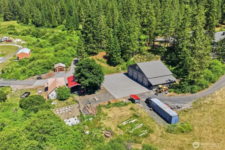 Aerial View of Approximate Property: 2018 Detached Shop, 1949 Residence, Western Ranch Building, Carport, Eagles Creek & More