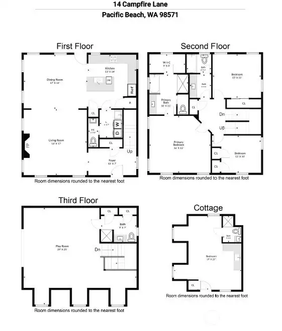 Floor plans for 3-story main home and carriage house above detached garage.