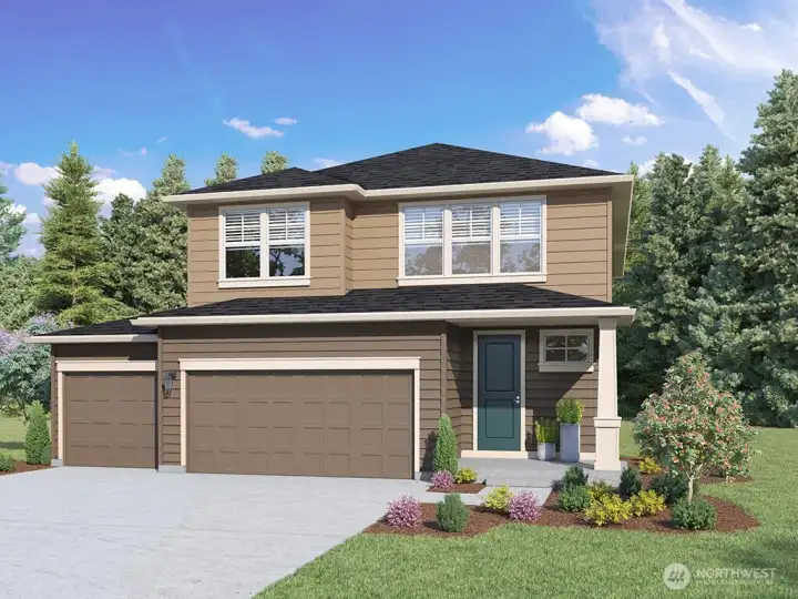 Ballard Plan Marketing Rendering - Depictions of homes or other features are artist conceptions. Hardscape, landscape, and other items shown may be decorator suggestions that are not included in the purchase price and availability may vary. No view is promised. Views may also be altered by subsequent development, construction and tree growth and landscaping