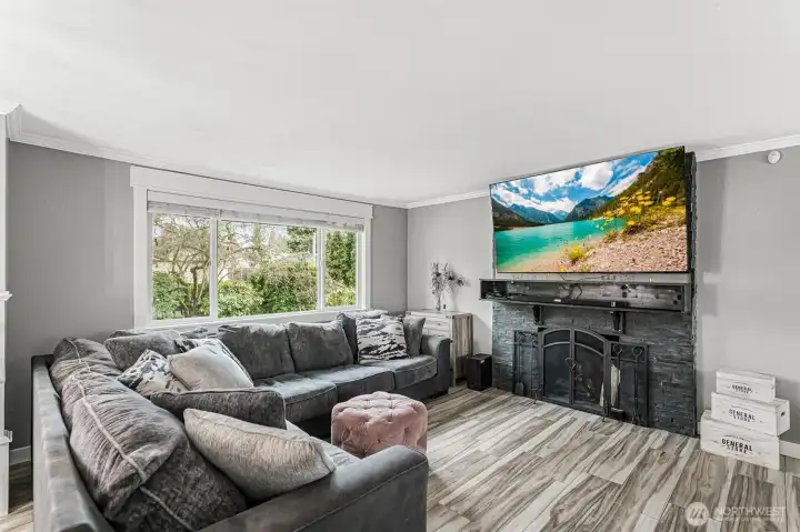 No popcorn ceilings in this home and plenty of room for this large sectional couch.