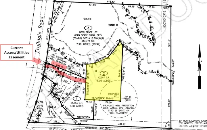 Current access easement highlighted in red.  Owner of lot 3 is open to adding ingress/egress from Northwood Lane.