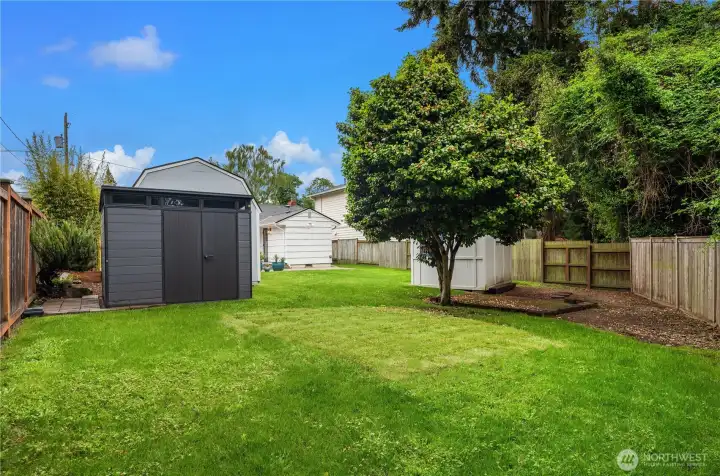 The street-to-street lot features plenty of grass area in the front and back.