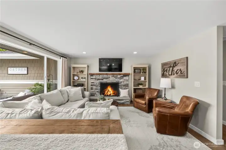 Engineered wood floors. Wood burning fireplace