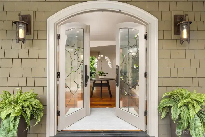 Handcrafted entrance doors and custom windows designed by Mesolini Glass of Bainbridge Island.