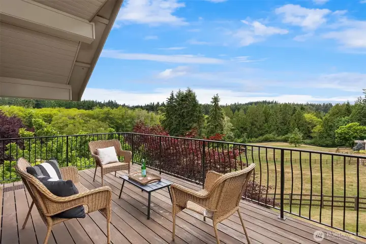 This scenic deck, extending from the treehouse, offers stunning western views overlooking the lush pastures and private studio.